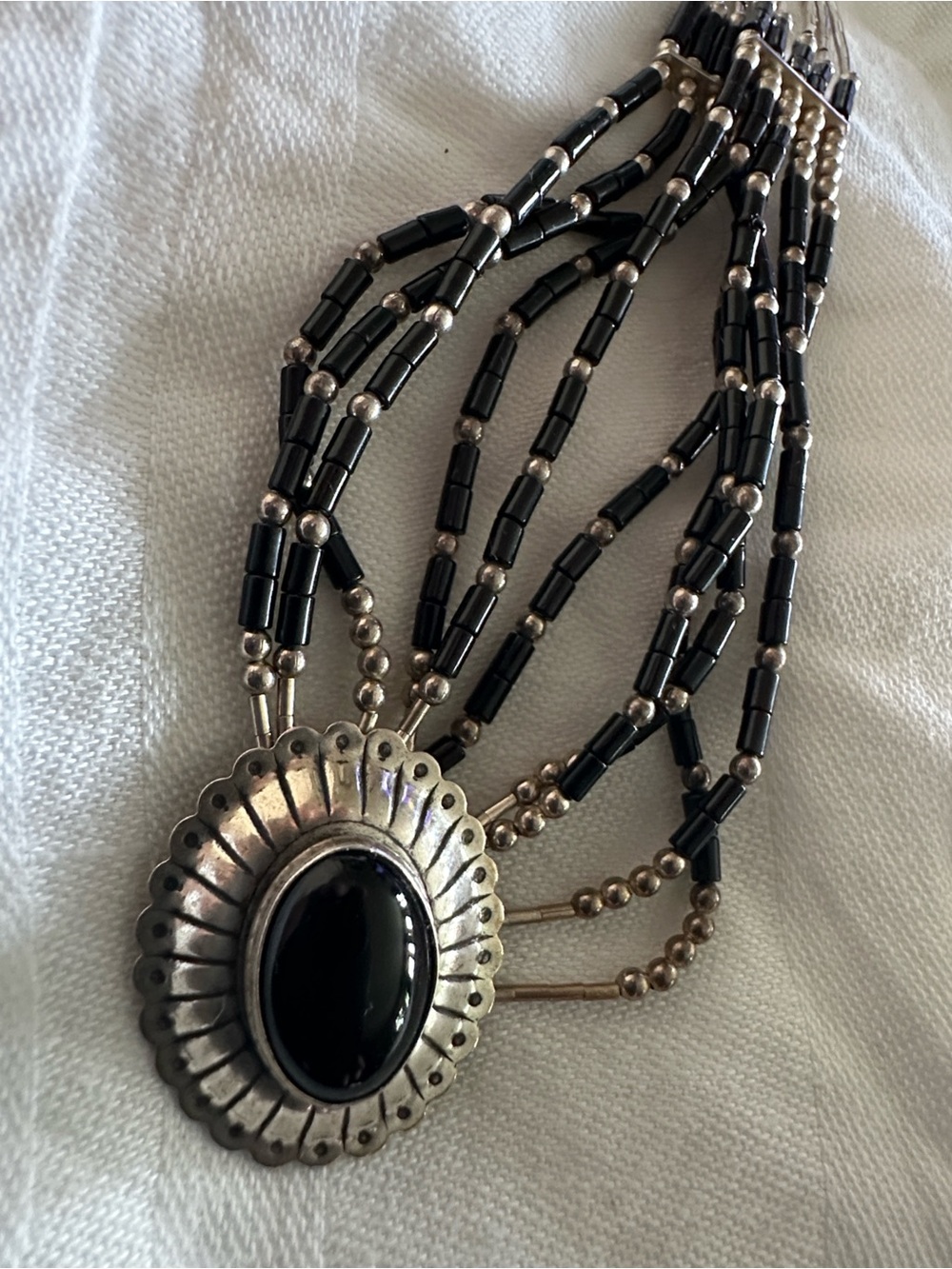 Multi-Strand Native American Necklace with Silver Pendant liquid Silver Sterling